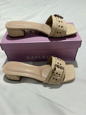 KAYLEEN By Los Angeles Beige Woven Buckle Slide Mules